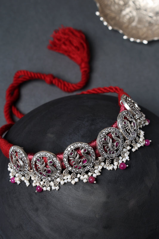 Peacock CZ Silver Temple Choker