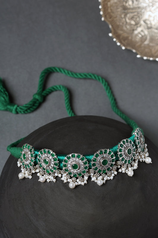 Green Onyx Floral Silver Choker