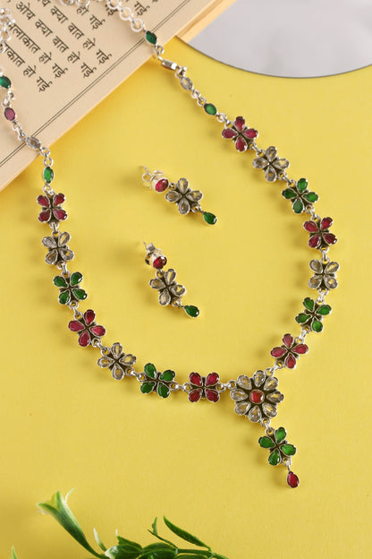 Green Pink CZ Silver Long Necklace Set