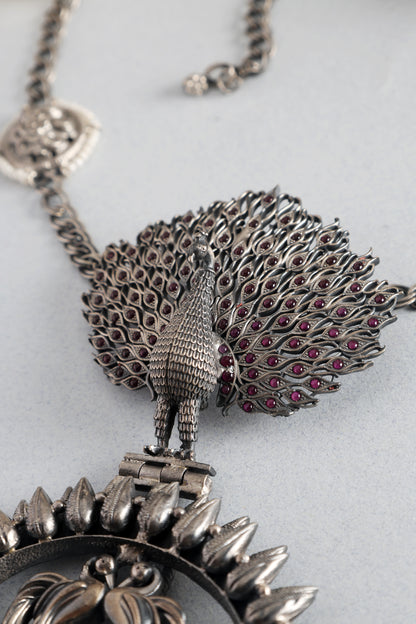 Tribal Peacock Silver Temple Long Necklace