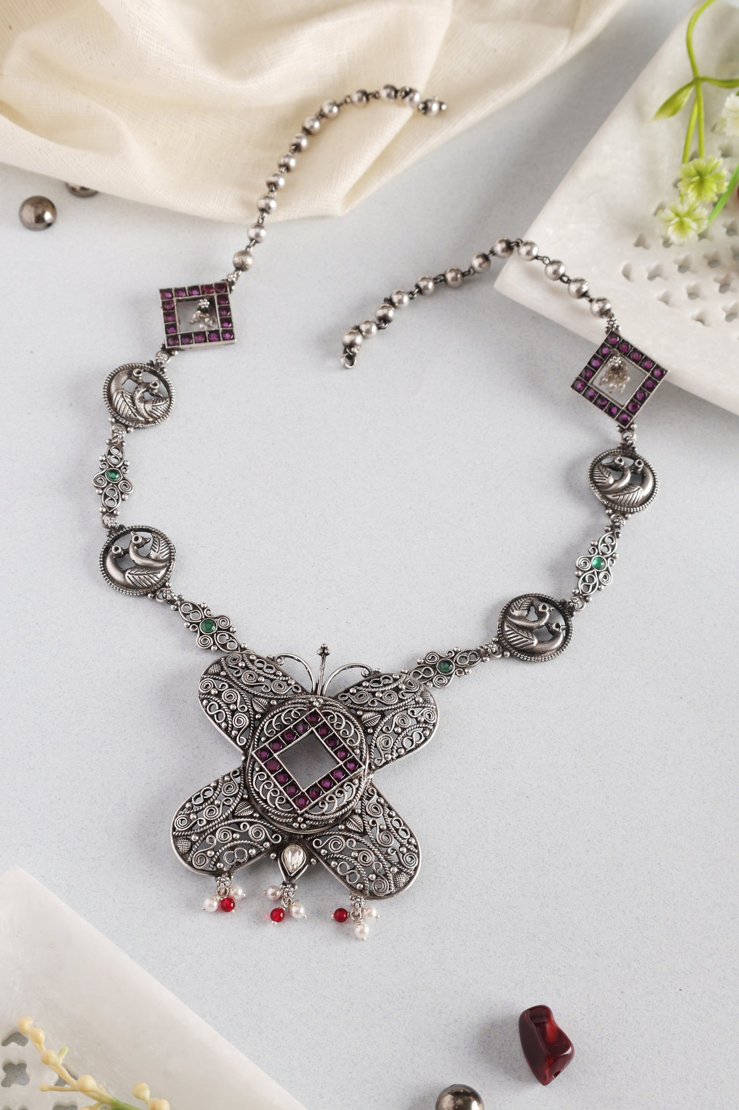 Silver Butterfly Temple Necklace