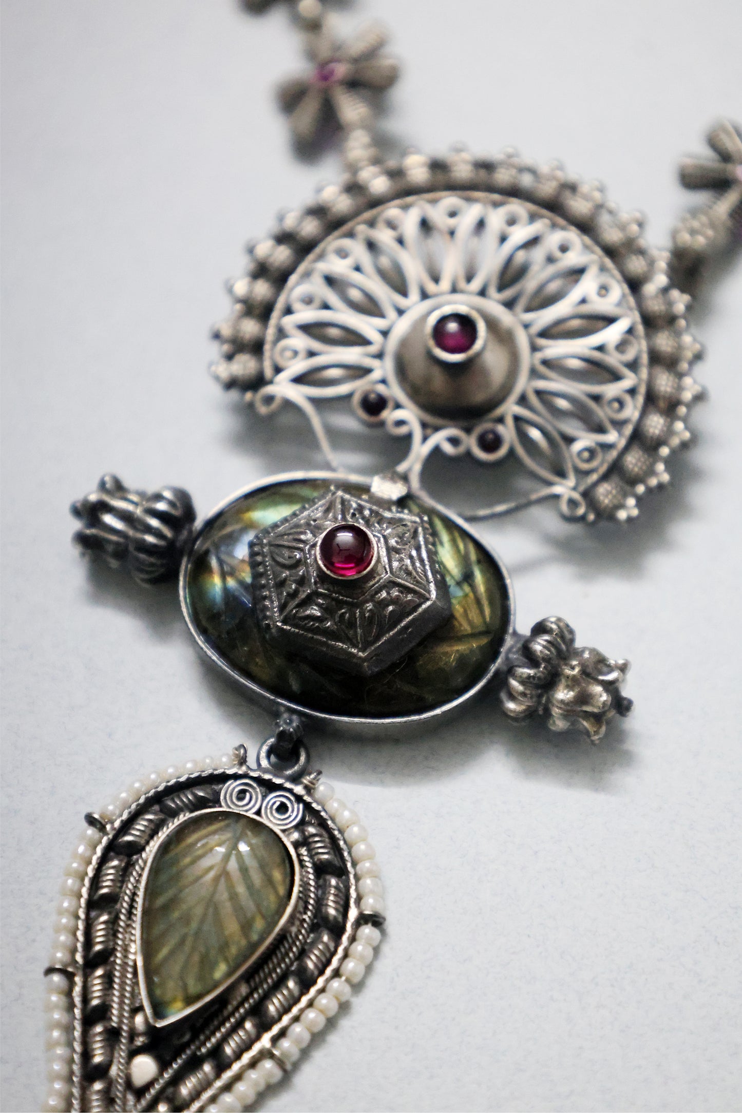 Silver Long Peacock Temple Necklace