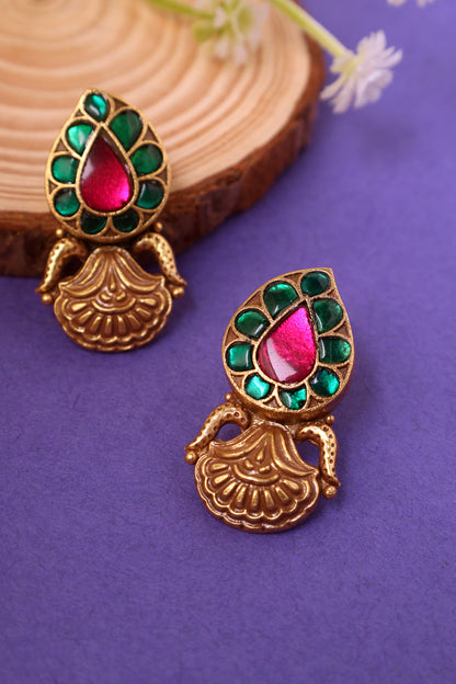 Red Green Silver Temple Earrings