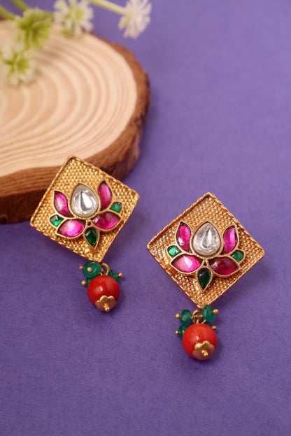 Lotus Kundan Silver Gold Plated Earrings