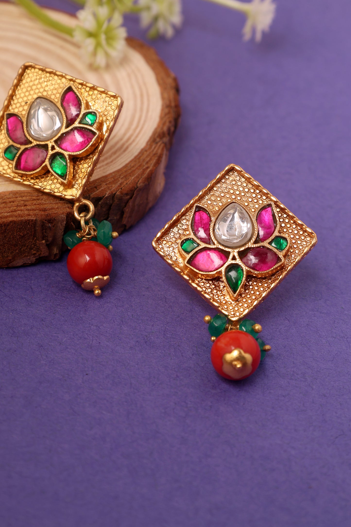 Lotus Kundan Silver Gold Plated Earrings