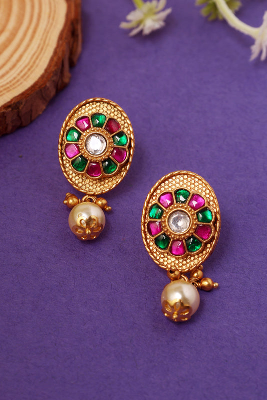 Red Pink Kundan Pearl Gold Plated Earrings