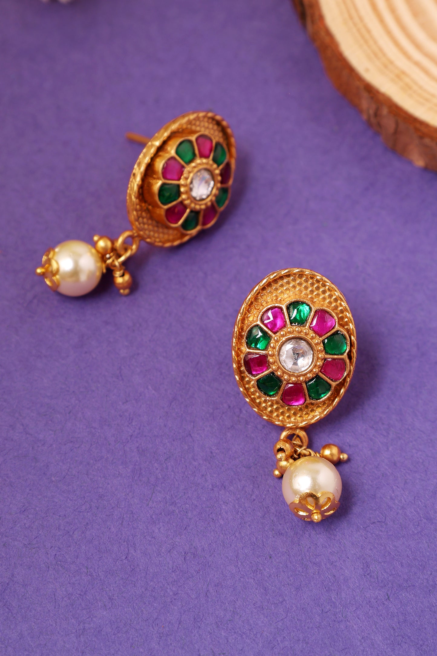 Red Pink Kundan Pearl Gold Plated Earrings