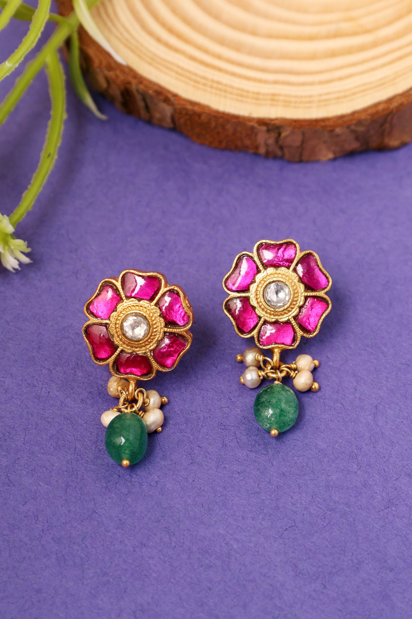 Pink Floral Kundan Earrings