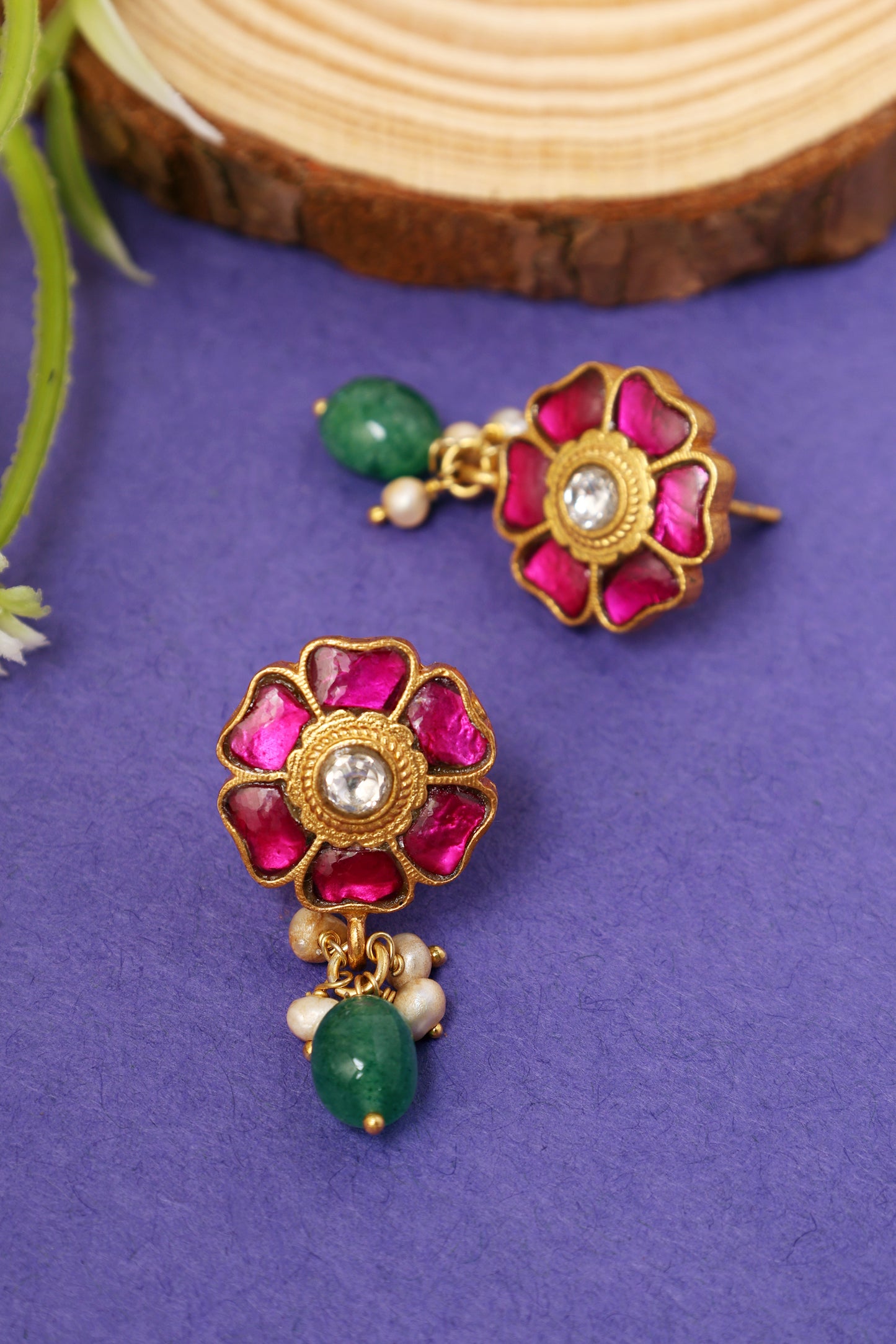 Pink Floral Kundan Earrings