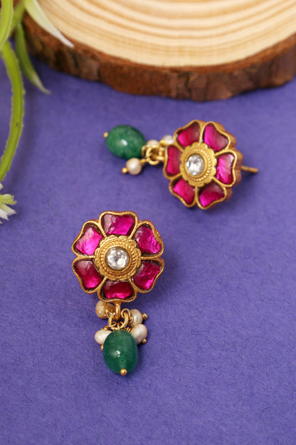 Pink Floral Kundan Earrings