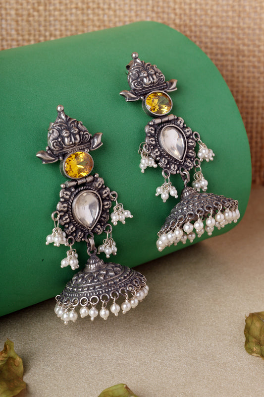 Yellow Pearls Silver Temple Jhumki