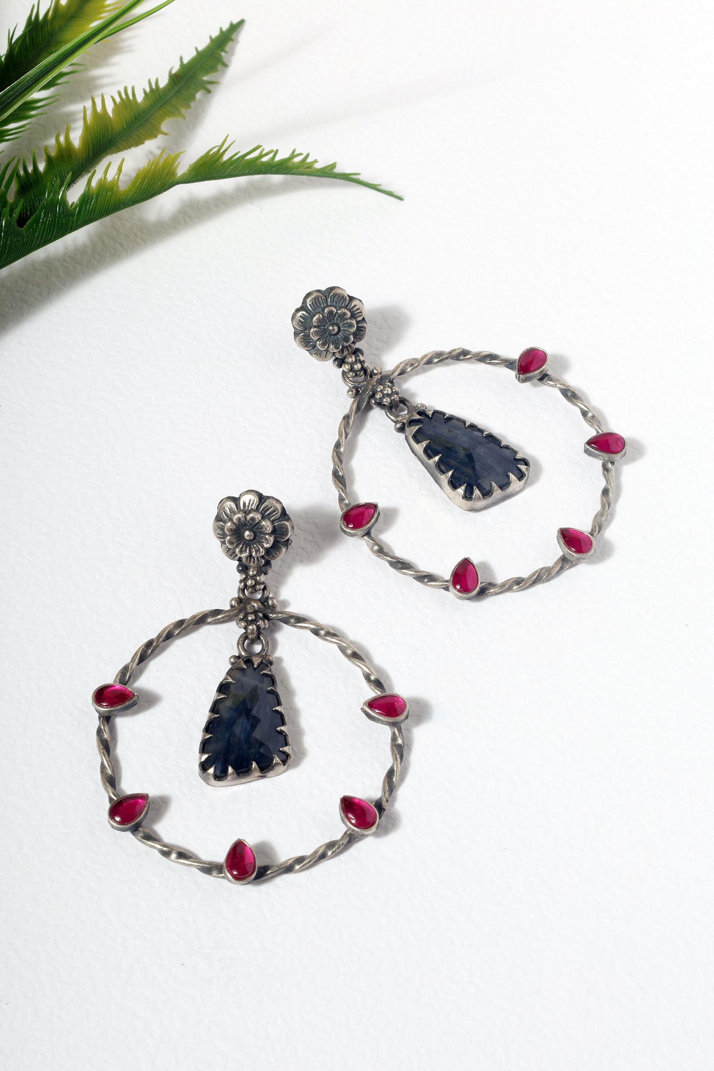 Blue Pink Kempstone Long Silver Danglers